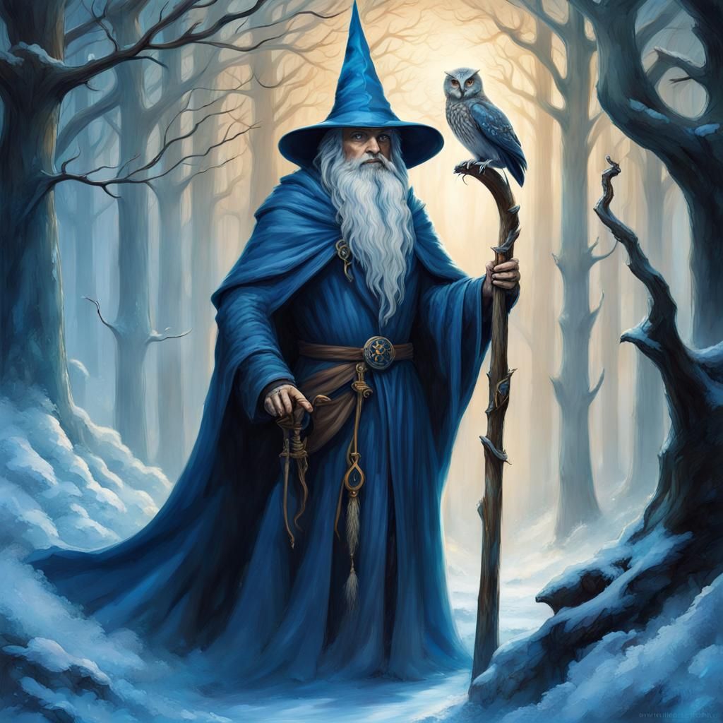 Blue Wizard in Snowy Forest with Owl