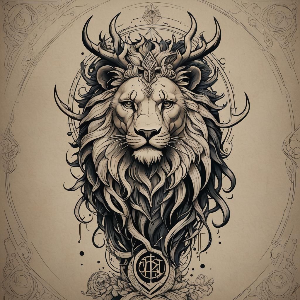 Minimalist Tattoo Design with Lion, Antlers and Statues