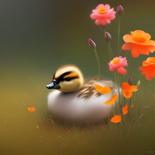 Baby Duckling with Flowers in Art Nouveau Style