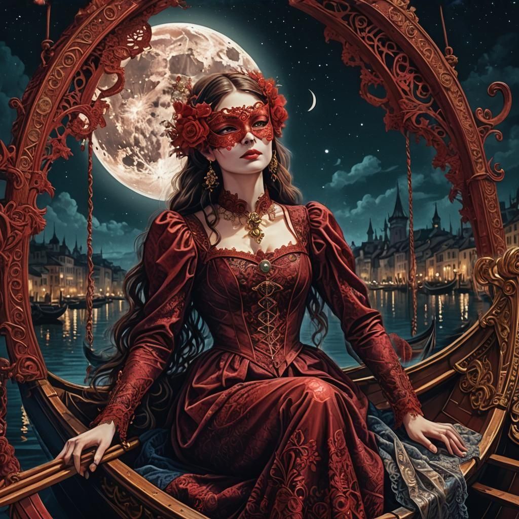 Woman in Lace Mask Under Moon: Astral Illustration