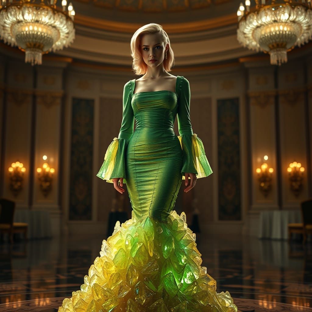 Woman in Crystalline Mermaid Dress in Ballroom