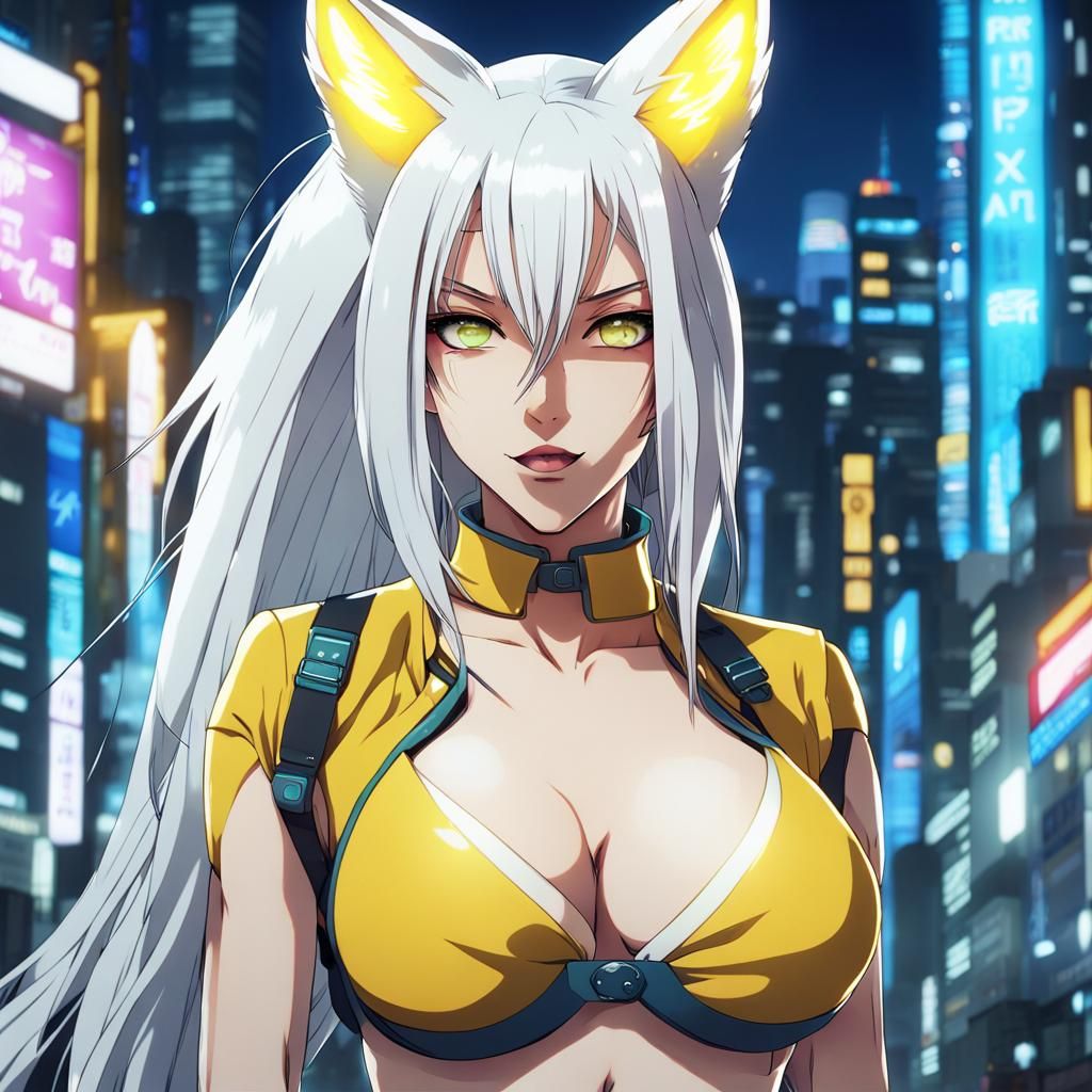 Cyberpunk Anime Fox Girl in Cityscape