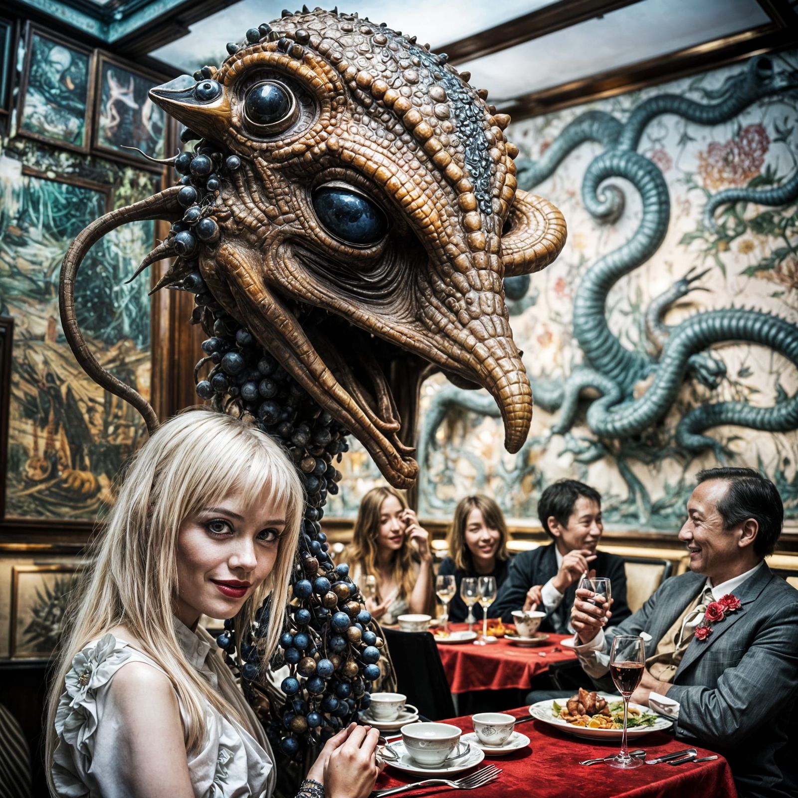 Surreal Restaurant Scene with Exotic Aliens