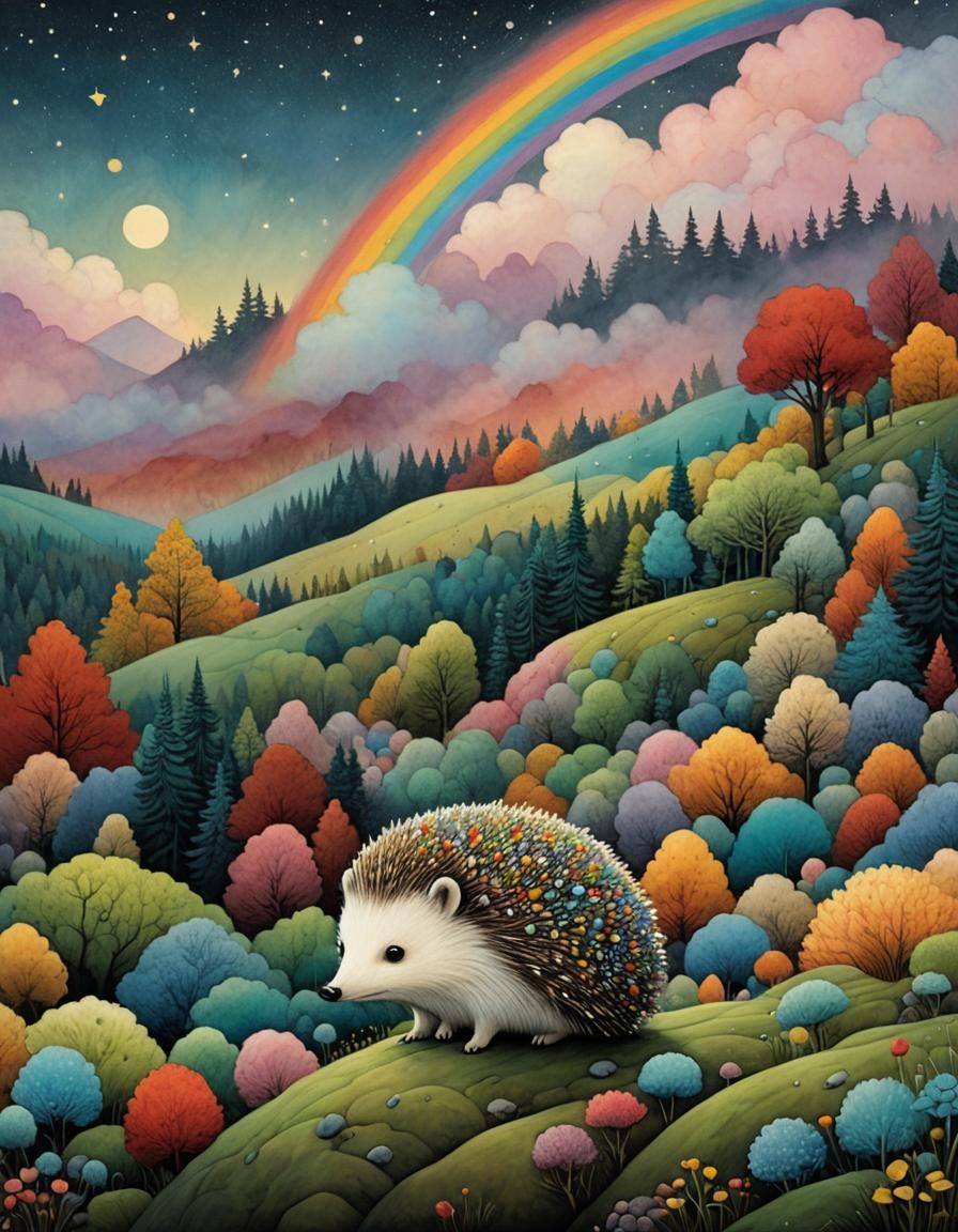 Cottonball Hedgehog in Rainbow Forest, Pastel Art
