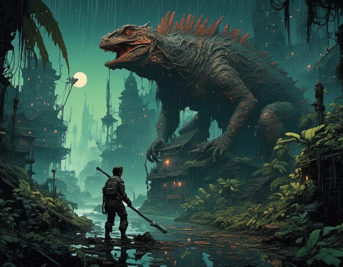 Halfling Warrior Faces Giant Lizard in Jungle Battle