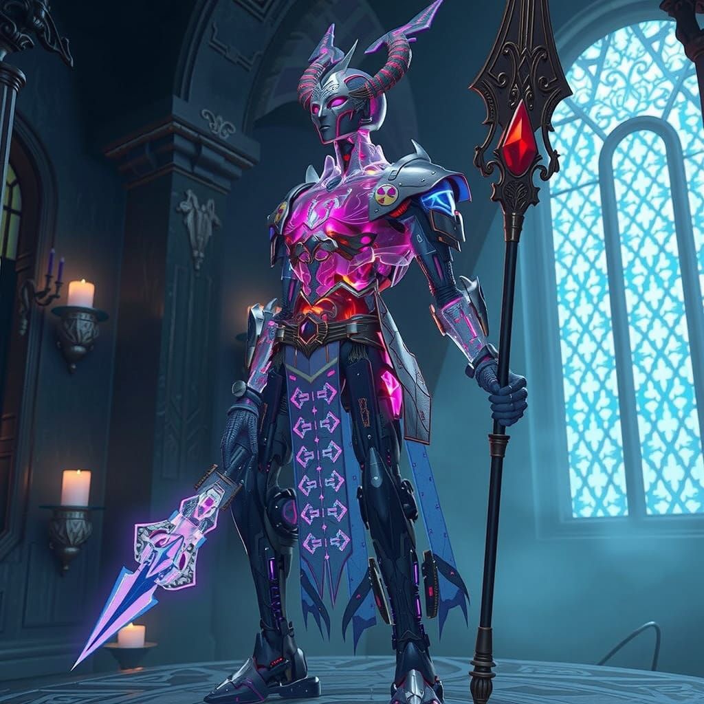 Medieval Automaton with Rainbow Circuits in 3D Anime Style