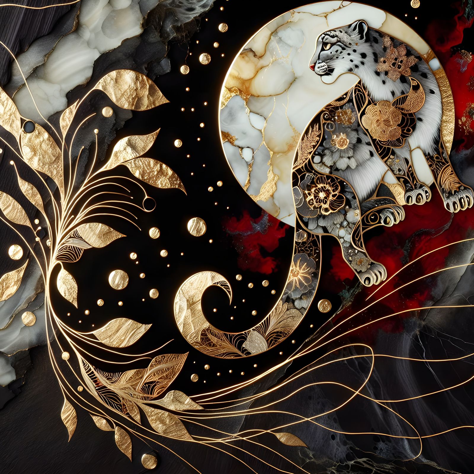 Abstract Snow Leopard on Blood Moon in Gold Leaf