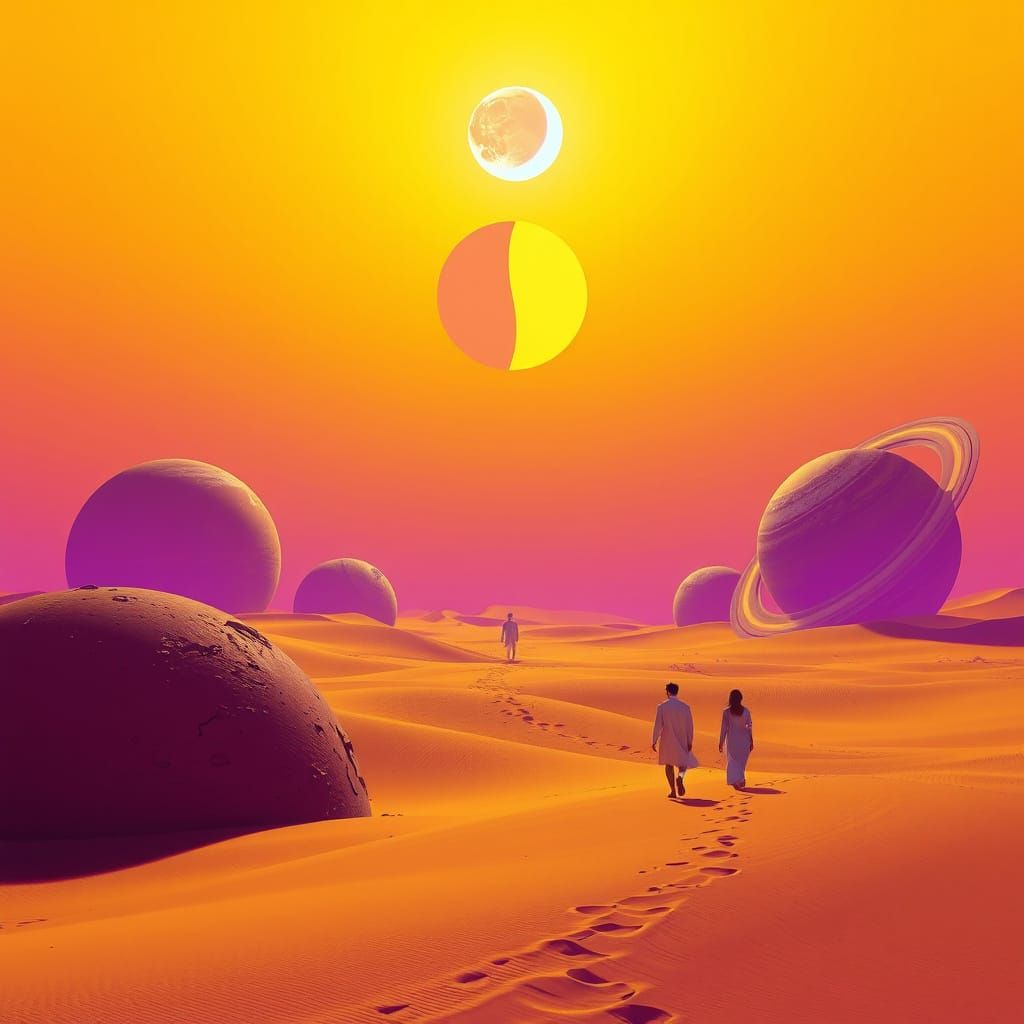 Surreal Sahara Desert Landscape with Buried Planets and Cele...