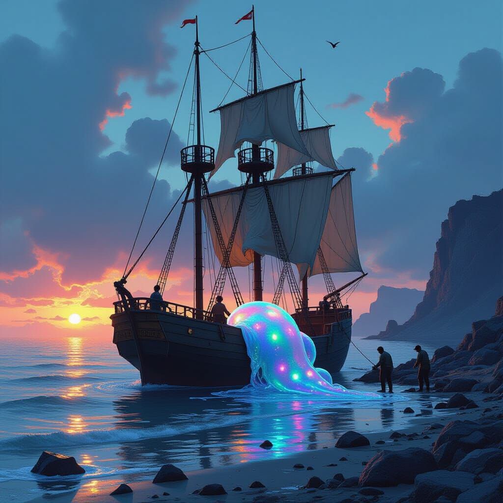 Volcanic Island Schooner Meets Giant Squid at Dawn