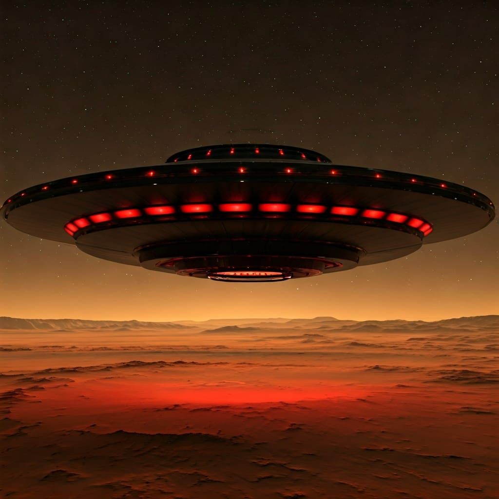 Futuristic Black UFO Soaring Over Mars at Night
