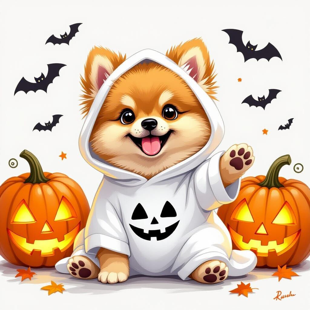 Happy Pomeranian Puppy in Ghost Costume for Halloween