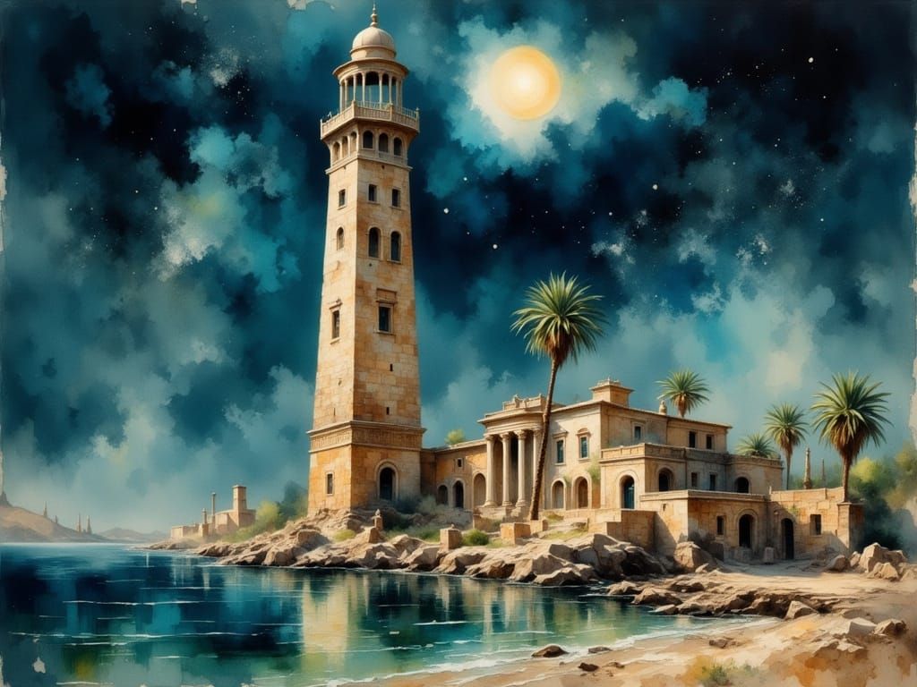 Ancient Egyptian Lighthouse at Night