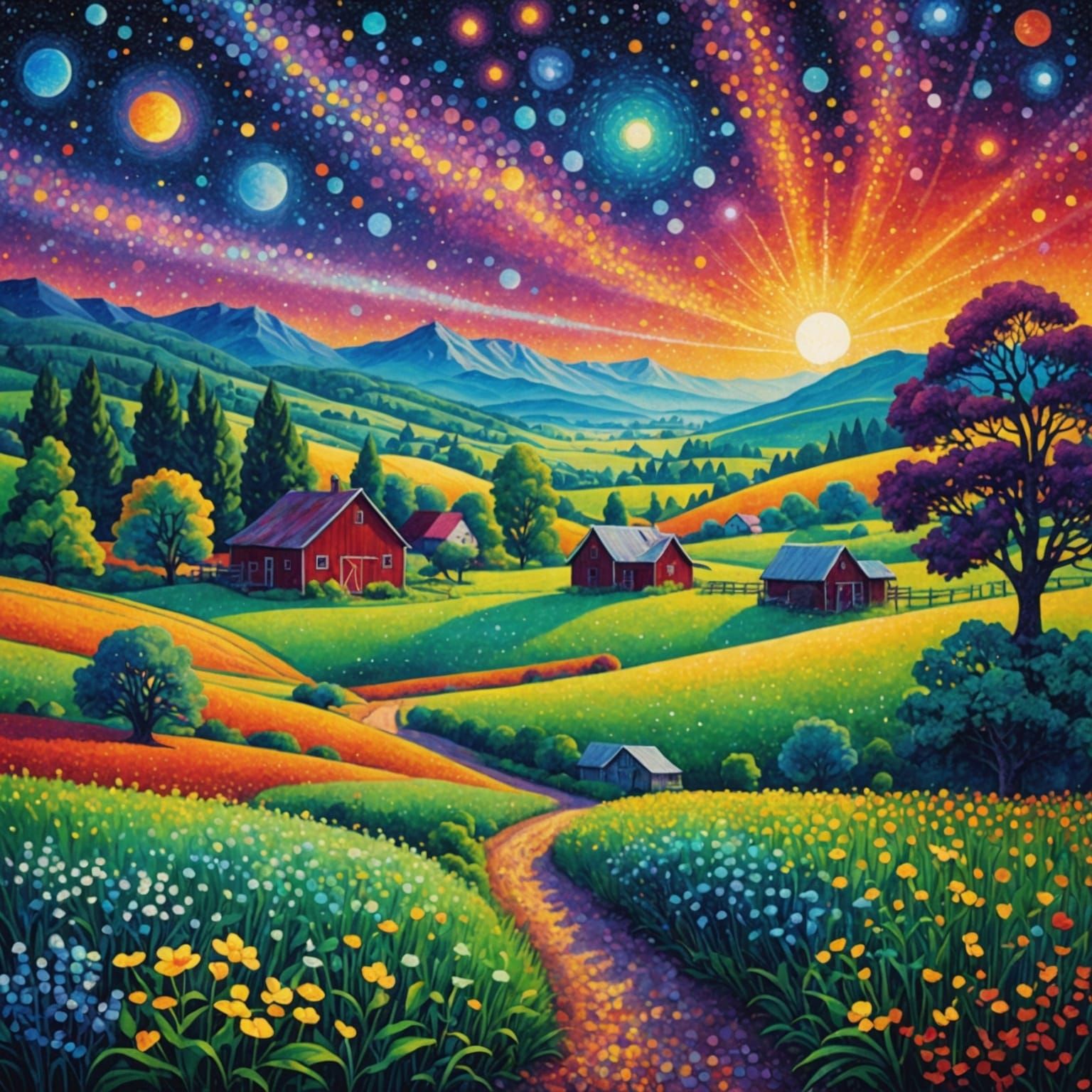Pointillism Farm Landscape in Holographic Style