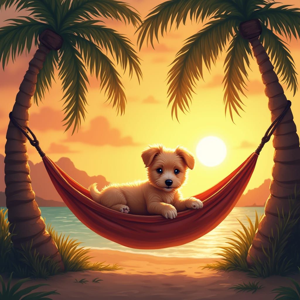 Puppy in Hammock at Sunset, Digital Art