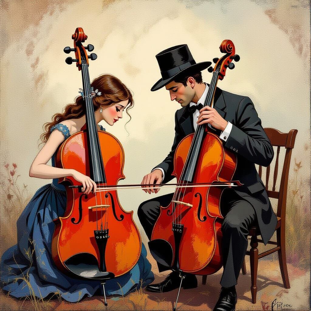 Gouache Painting of Violin and Fiddle Wedding
