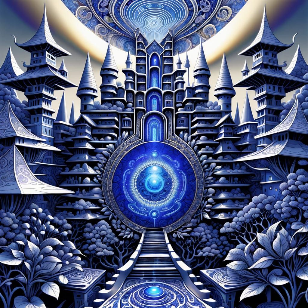 Glowing Metal Ninja Dungeon in Iridescent Tapestry Style