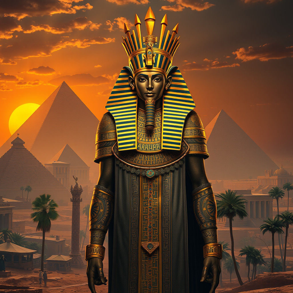 Majestic Pharaoh in Egyptian Landscape, Fantasy Concept Art