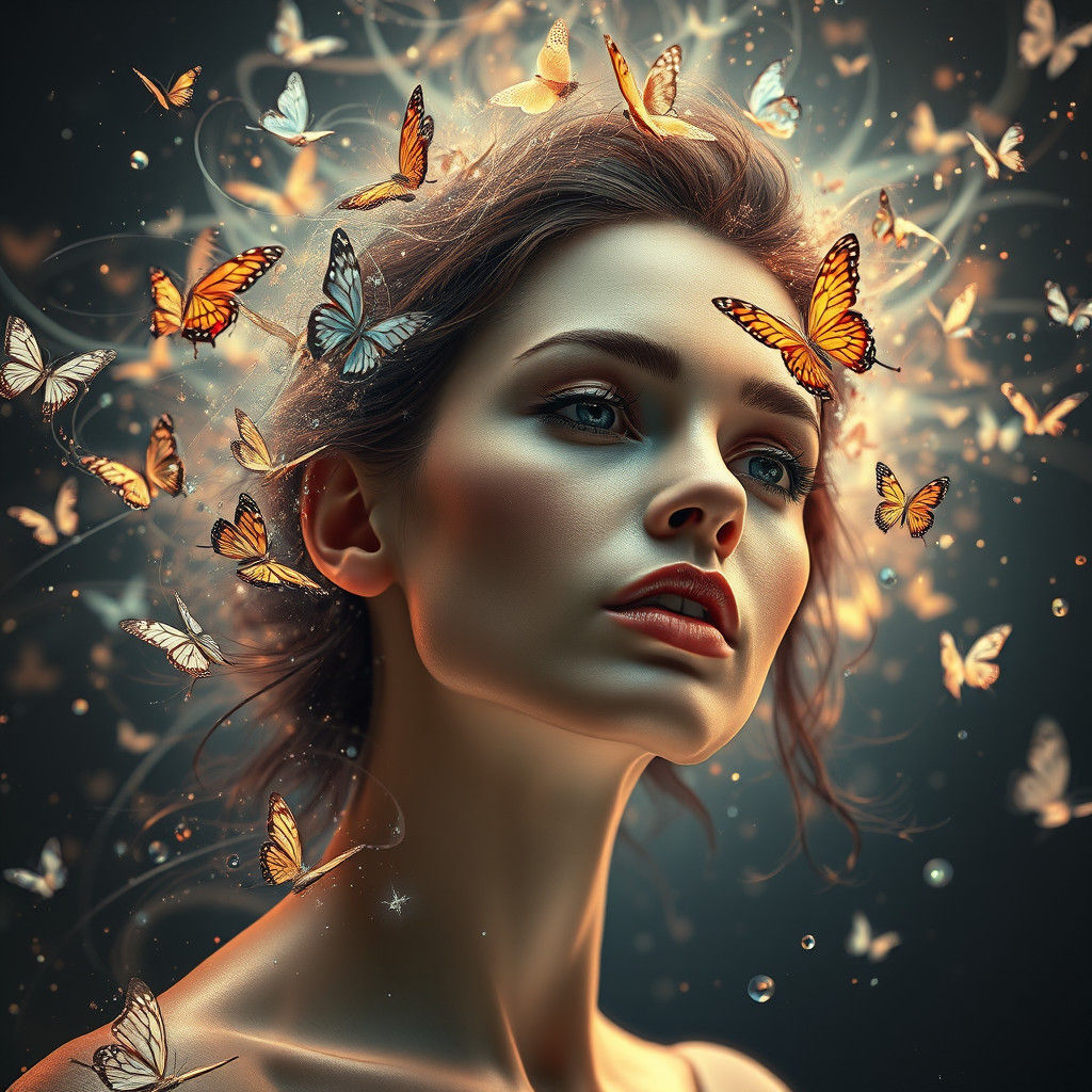 Ethereal Woman Emerges from Butterfly Vortex