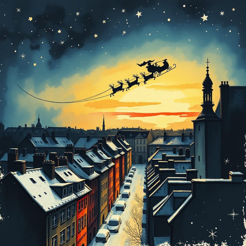 Magical Christmas Eve Night in Expressive Ink Painting Style