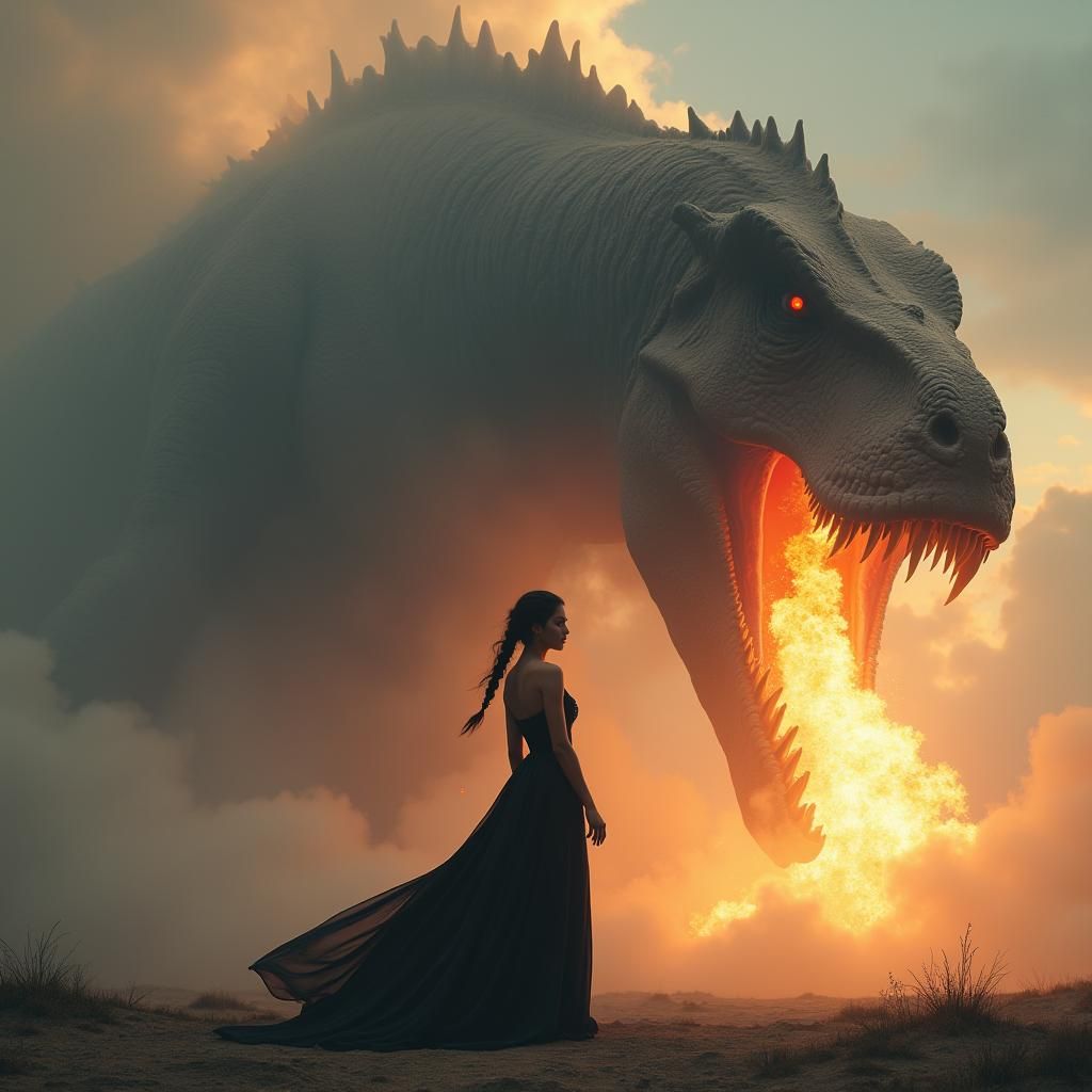 Fiery Dinosaur and Woman: Hyperrealistic Fantasy Portrait