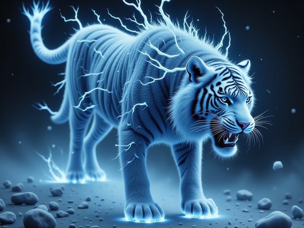Surreal Tiger Emerges from Frosty Dark Lightning