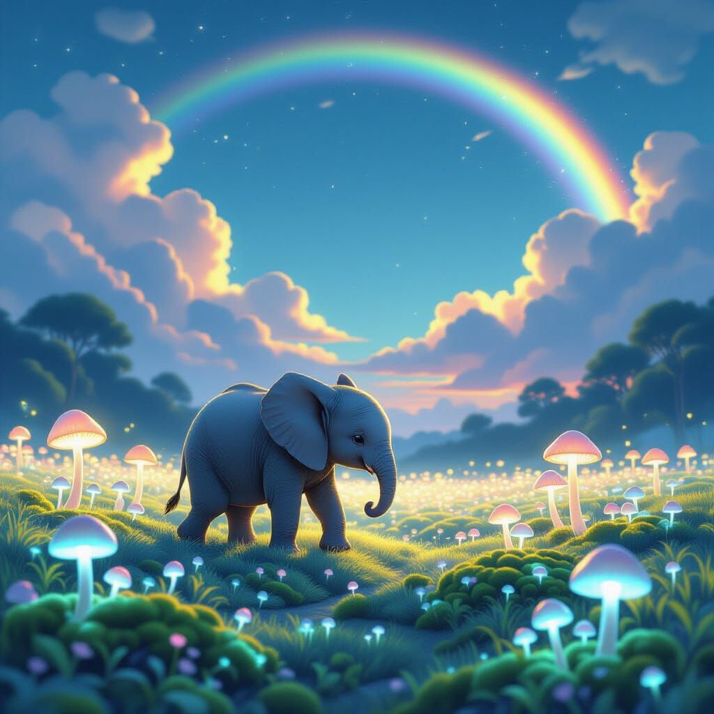 Elephant in Bioluminescent Ghibli Dreamscape