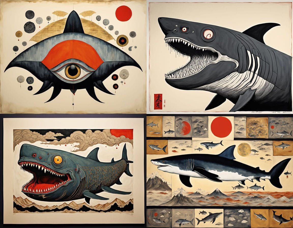 Mutant Horror Shark Attack in Sumi-e Style