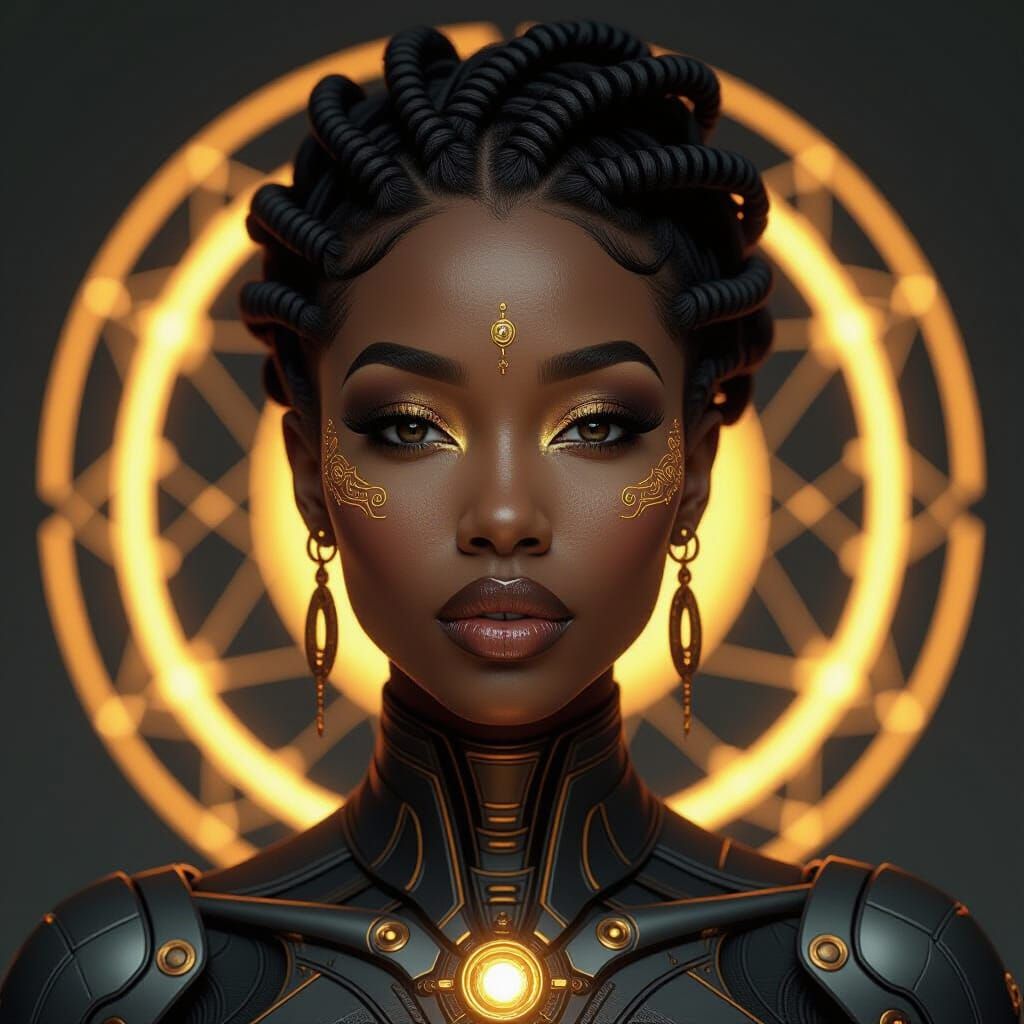 African Woman With Golden Biomechanical Filigree Portrait
