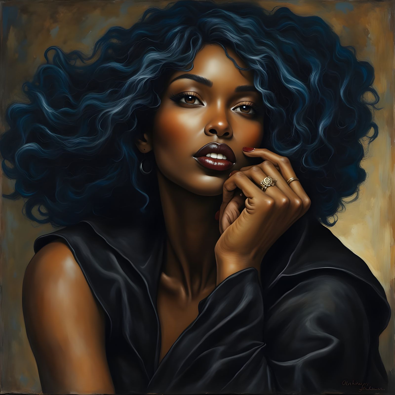 Dramatic Black Woman with Gold Blue Hair and Veil