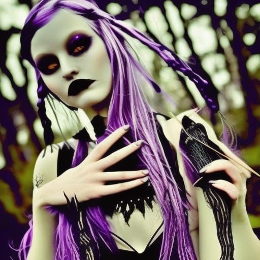Dark fantasy ethereal Gothic witch with long purple hair with lavender highlights& purple eyes& purple eyeshadow& Black ...