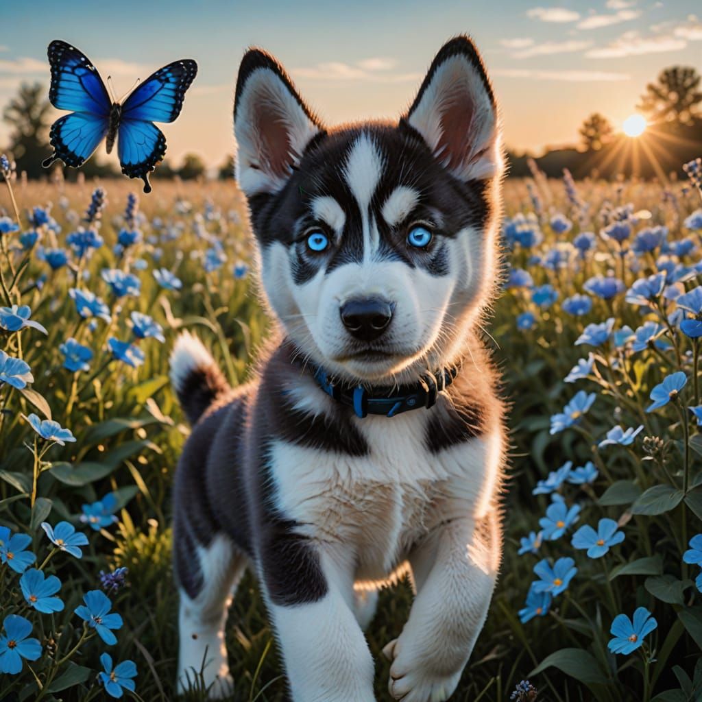 Blue-Eyed Husky Puppy in a Field of Blue Flowers