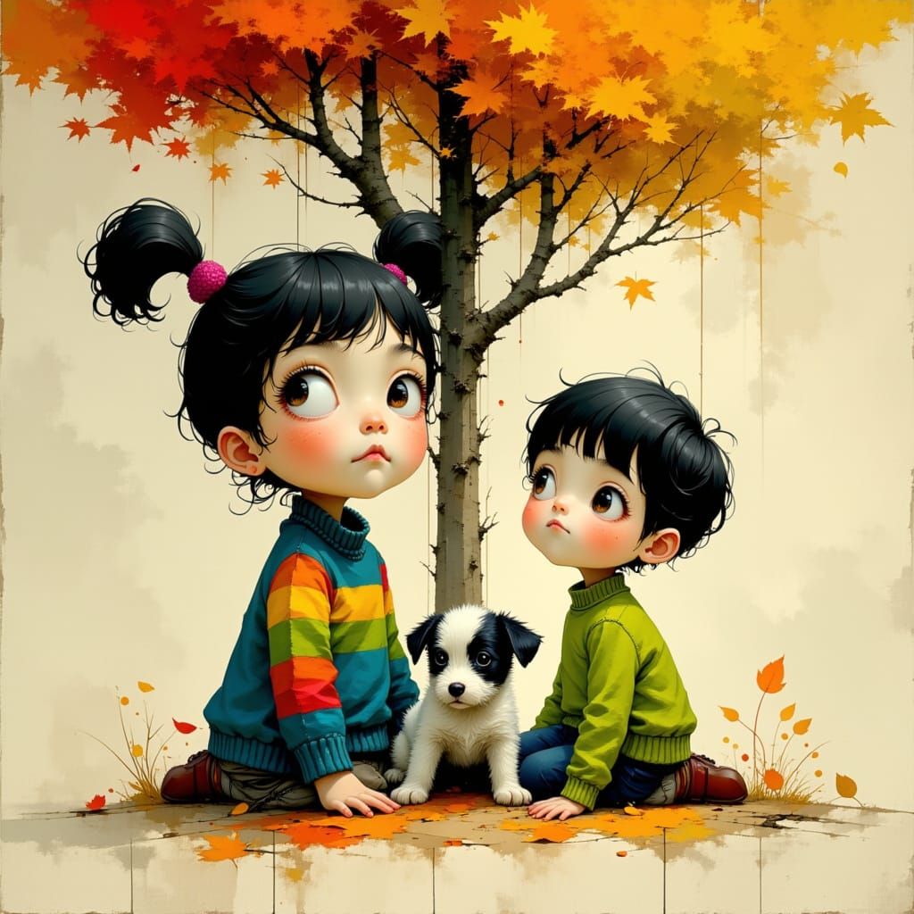 Children and Puppy Under Rainbow Leaf Tree