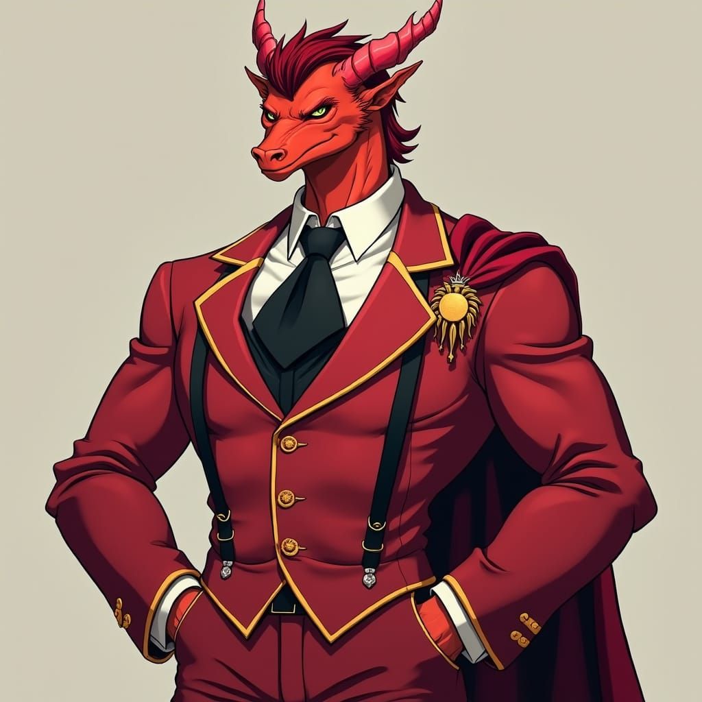 Anthropomorphic Dragon in Crimson Suit, Anime Style