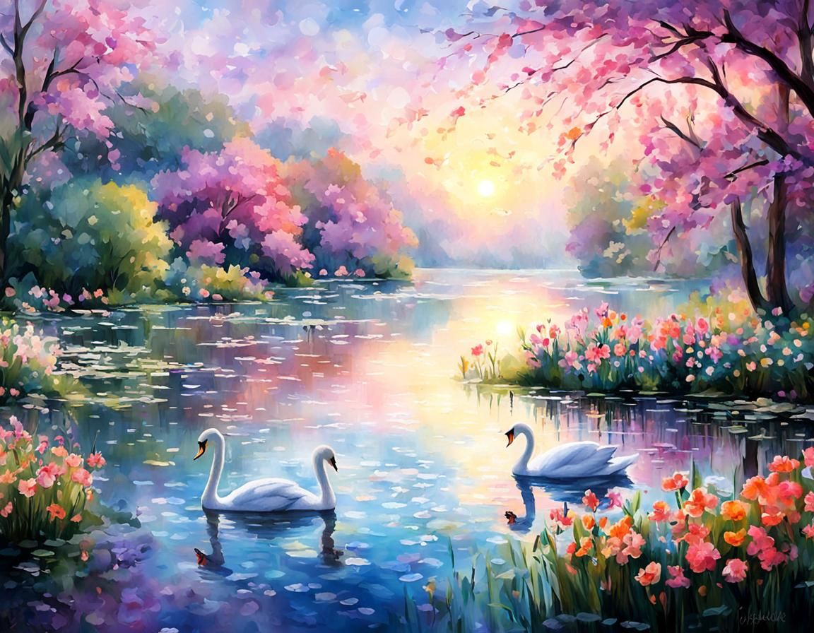Impressionistic Sunrise Over Lake with Swans
