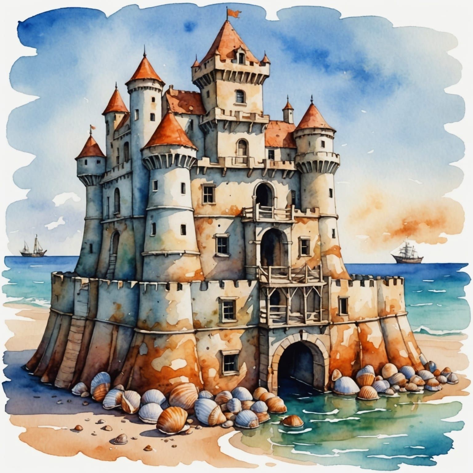 Seashell Fort in Watercolor Style