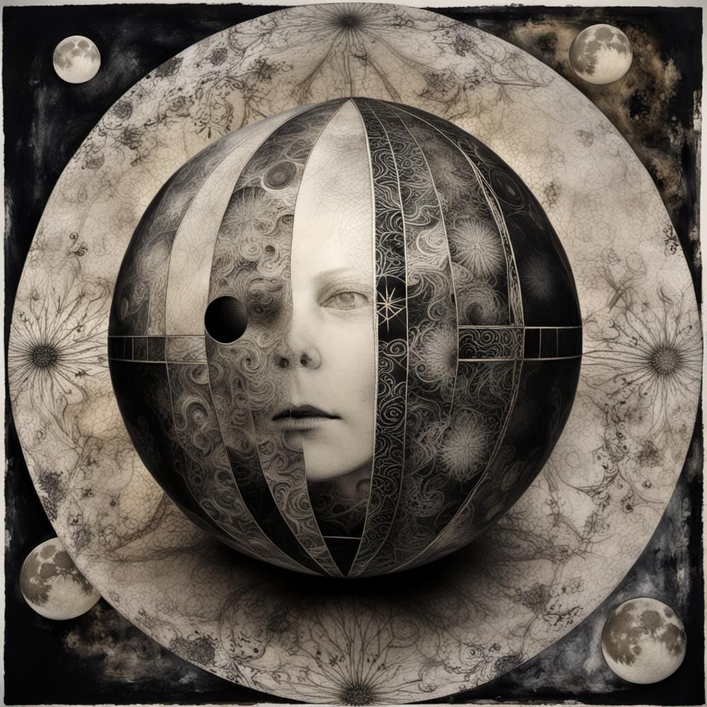 Symbolist Surreal Harvest Moon Orb in Gelli Print Style