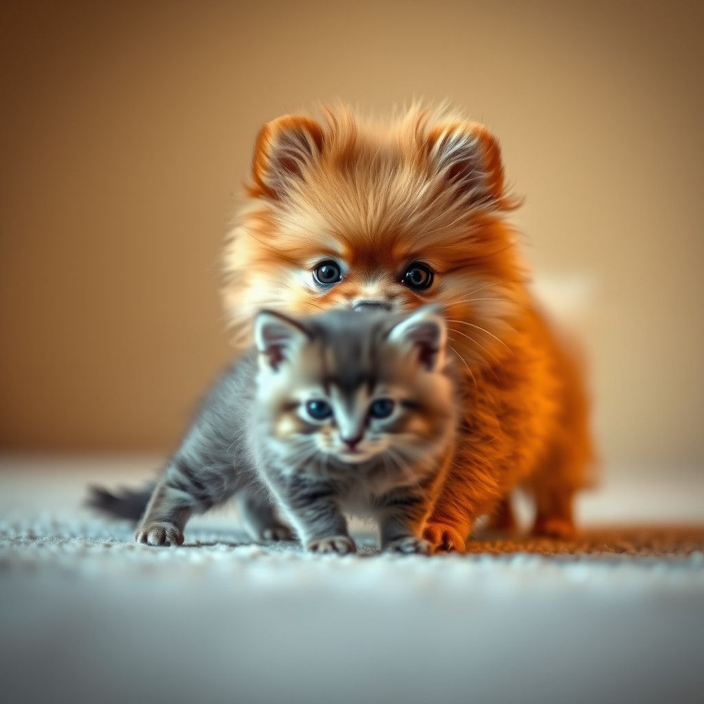 Playful Pomeranian Puppy and Kitten in Hyperrealism