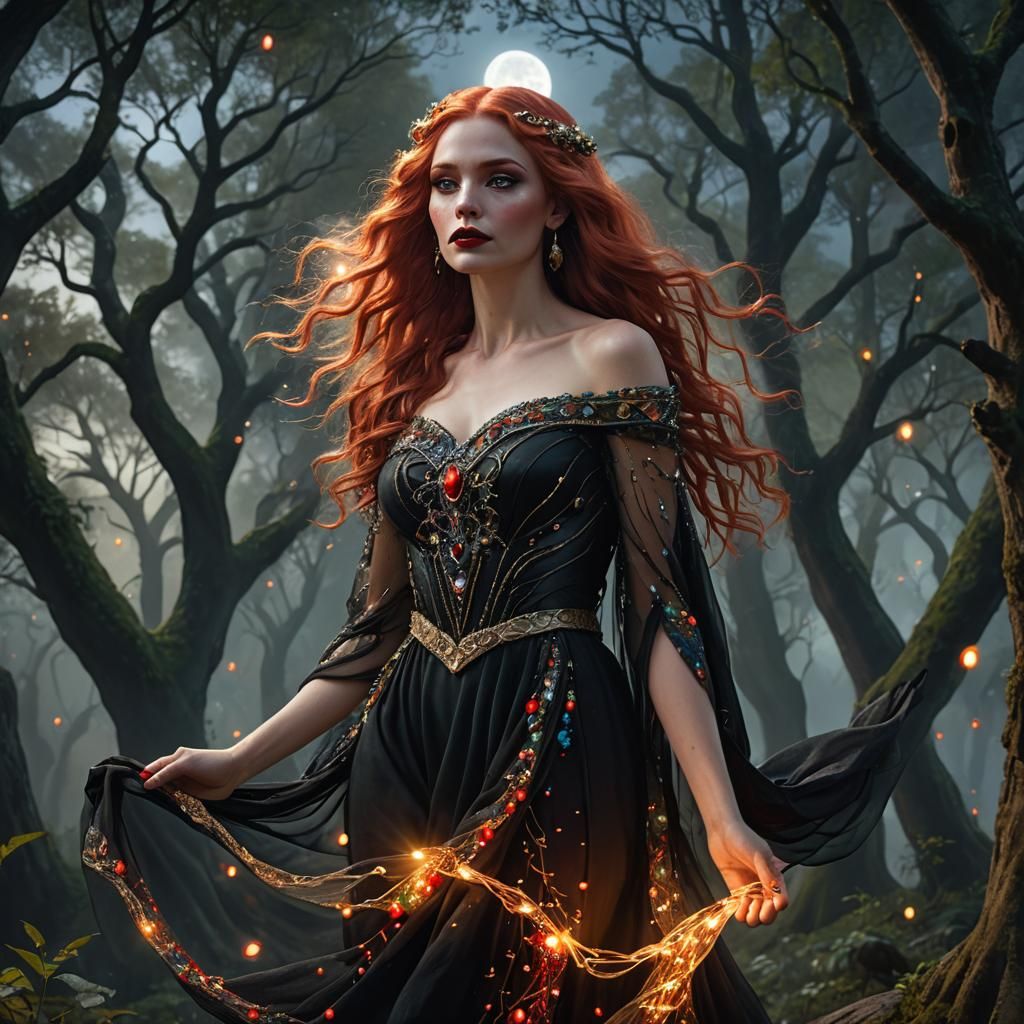 Goddess with Gemstones in Moonlit Forest: Fantasy Art