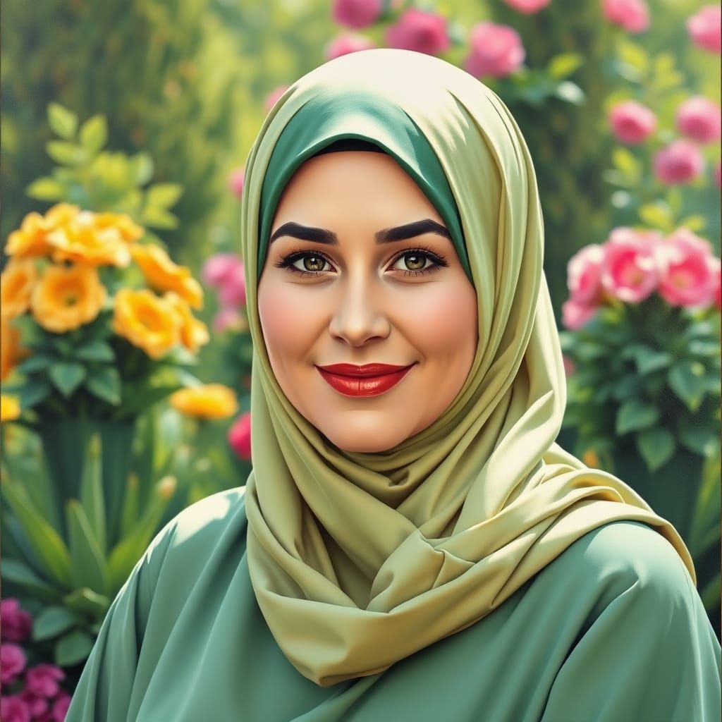 Elegant Woman in Hijab in Garden, Oil Painting