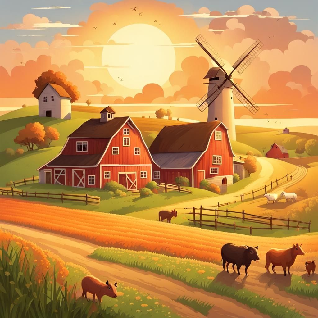 Farmhouse Sunrise Storybook Illustration