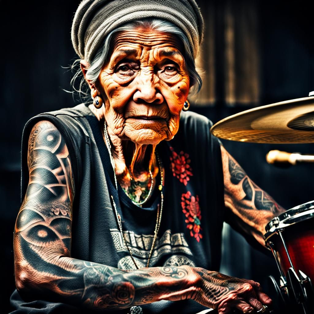 Tattooed Woman Drummer Portrait in Hyperrealistic Style