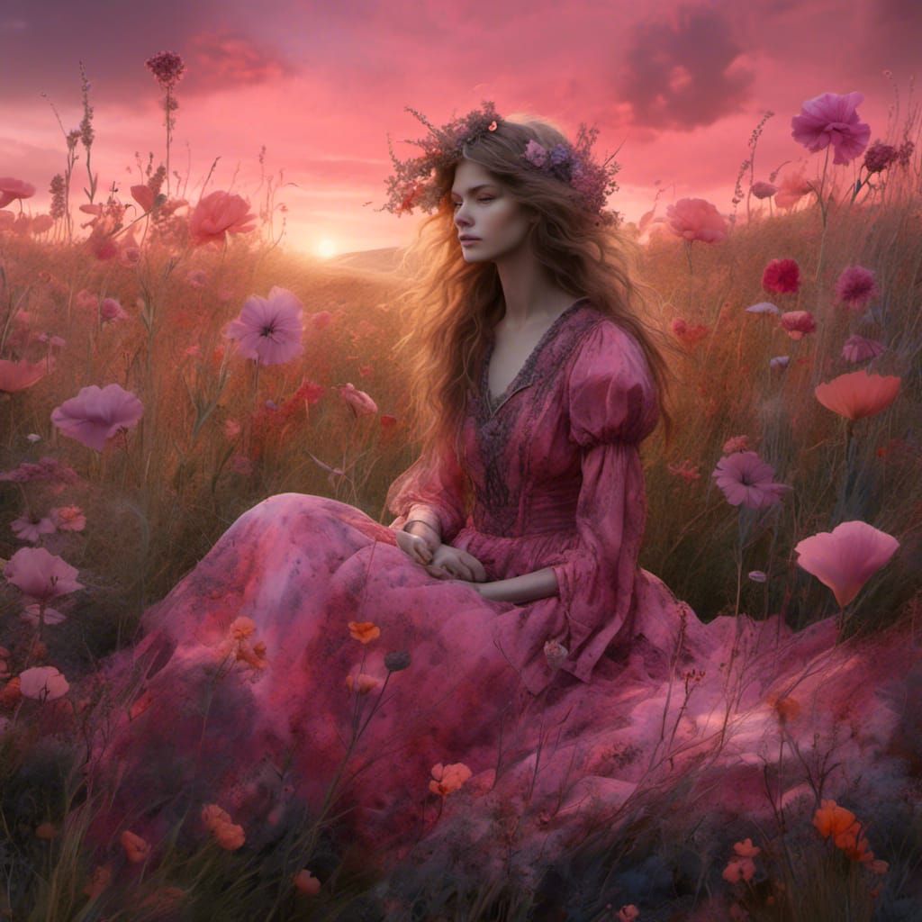 Sad Woman in Meadow: Color Print Art