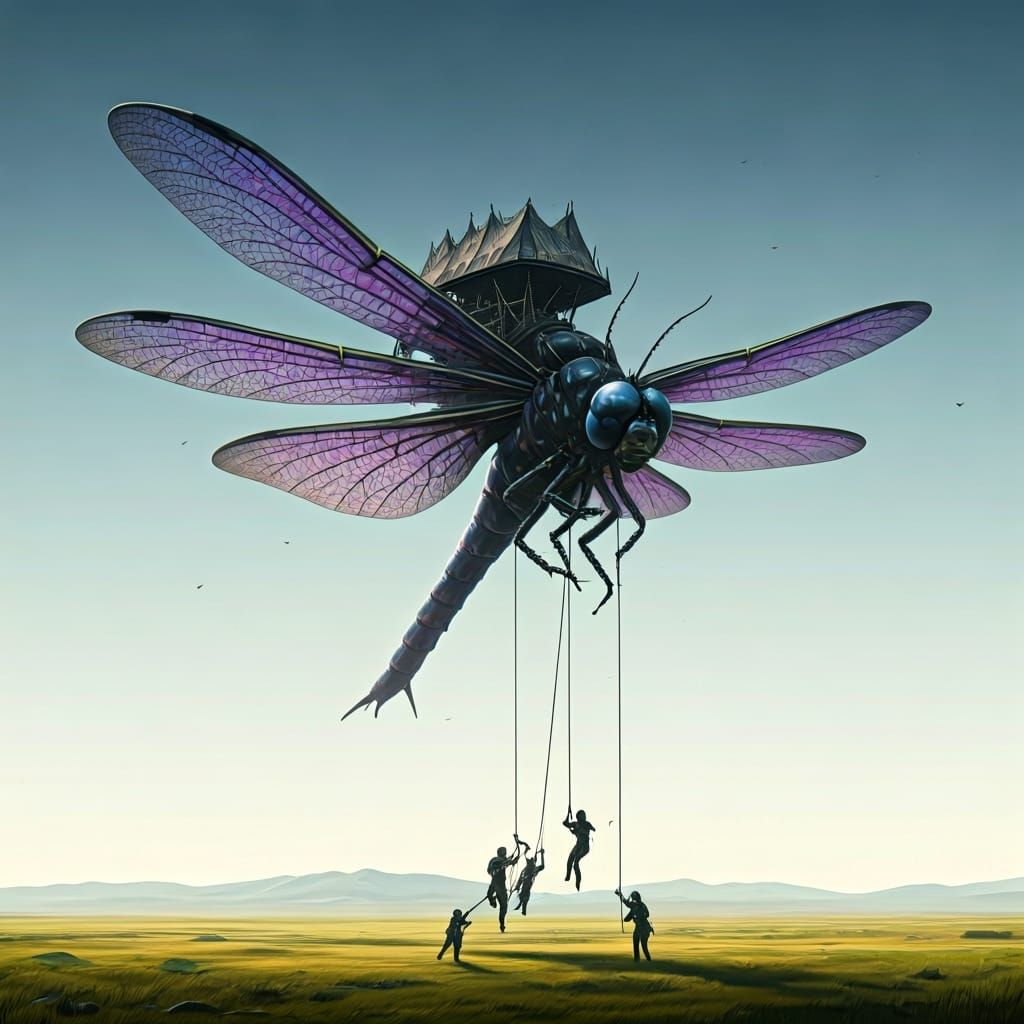 Giant Dragonfly Military Transport in Retro-Futuristic Style