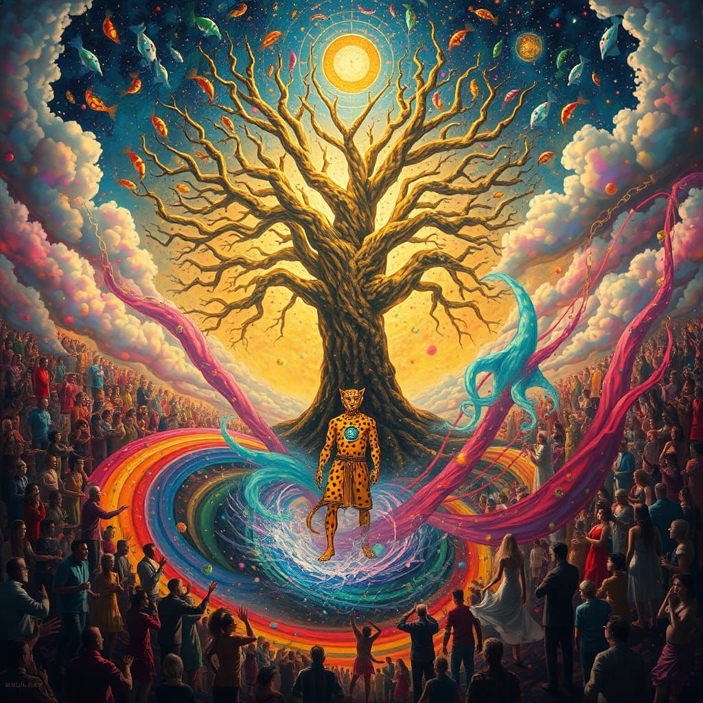 Dreamlike Scene with Yellow Leopard Man and Tree of Time
