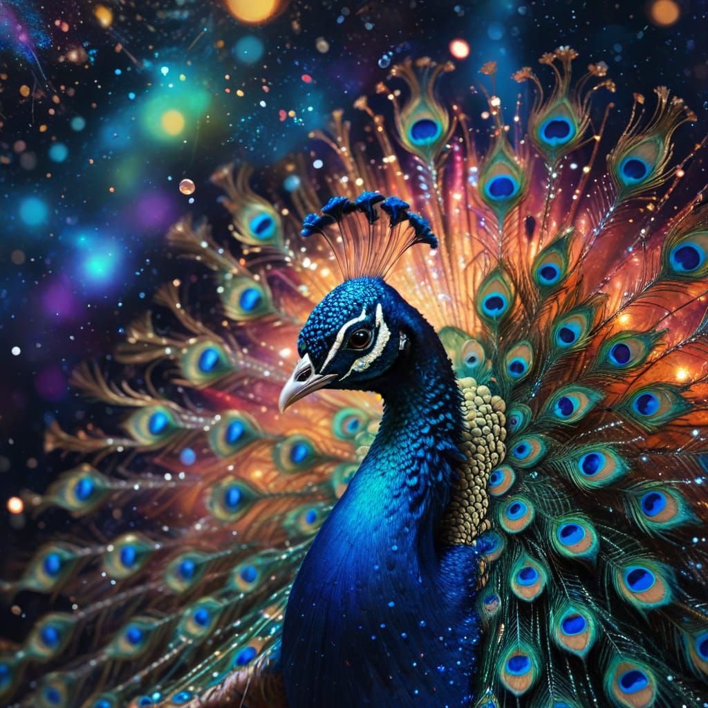 Surreal Peacock Unfurls in Starry Night with Iridescent Feat...