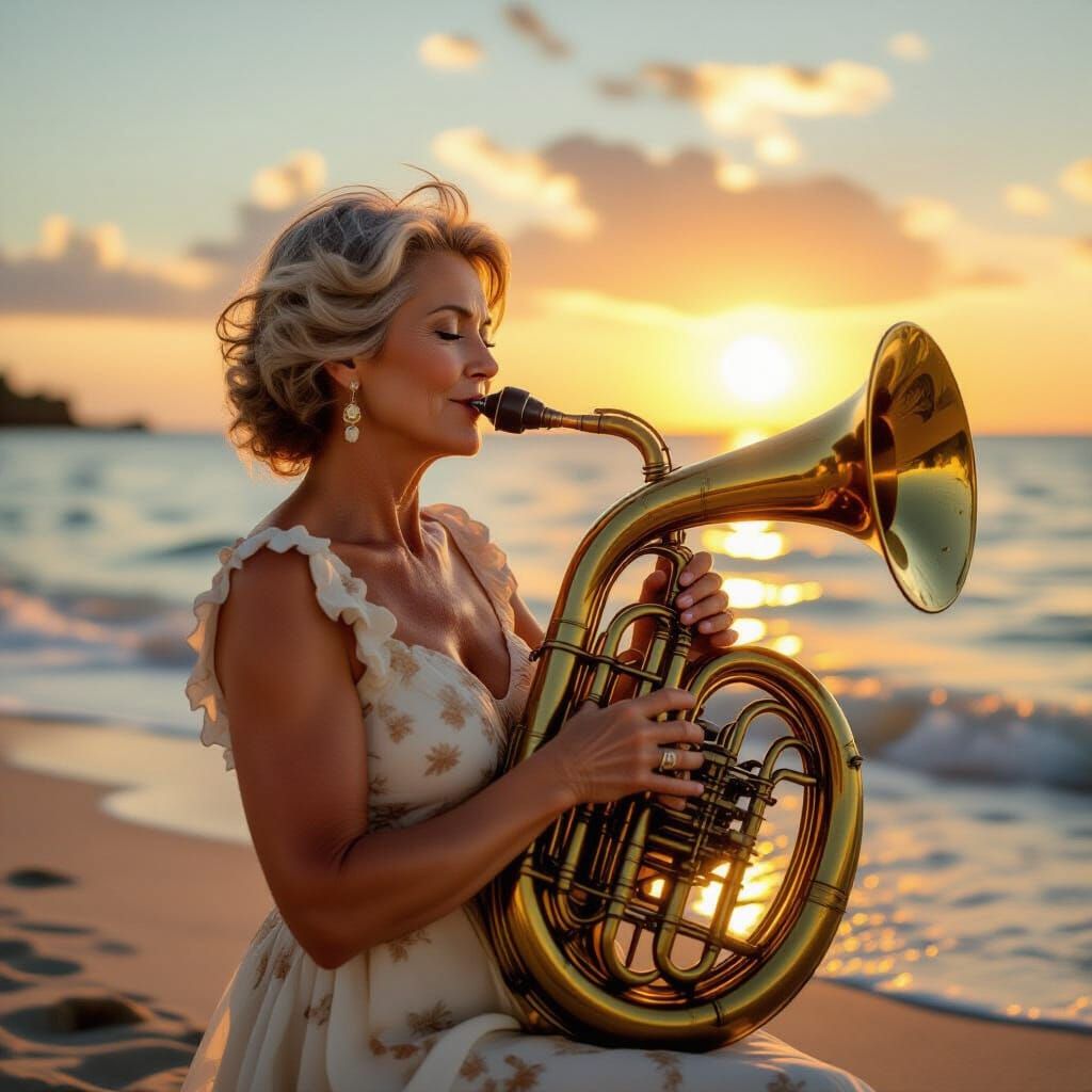 Woman Plays Tuba on Beach in Photorealistic Style
