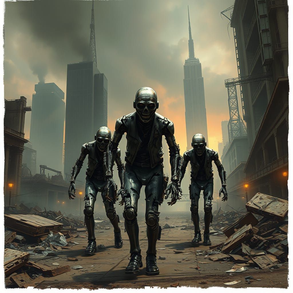 Robot Zombies in Ruined Cityscape: Dystopian Art