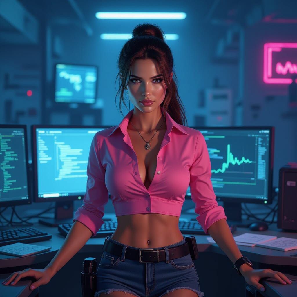 Lara Croft in Futuristic Office, Digital Art Style