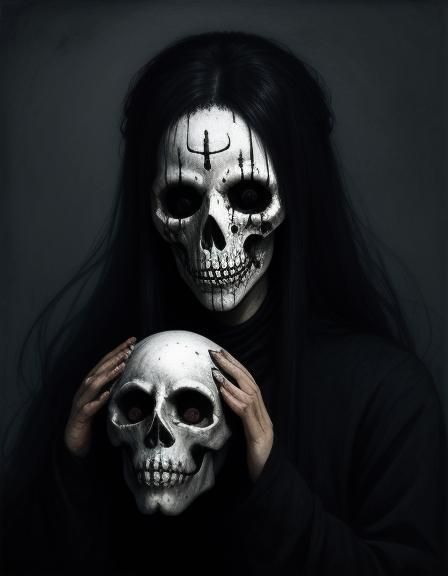 Girl with Death Mask in Grotesque Style