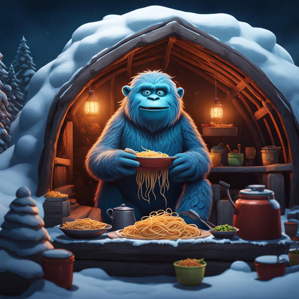 Happy Yeti Eats Spaghetti in Igloo